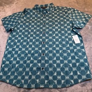 RVCA Kimura SS Mens XL Teal Blue Yin Yang Logo Print Cotton Button Up Shirt NEW
